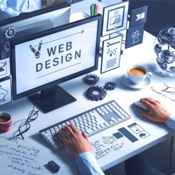 Web design workspace featuring a computer monitor displaying