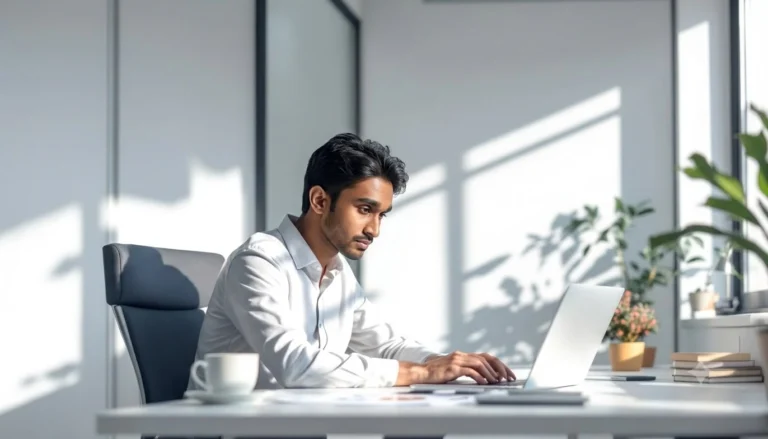 A young man working on a laptop