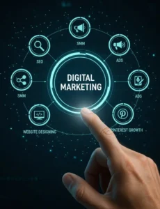 Digital marketing concept showing SEO, social media marketing, advertising, website design
