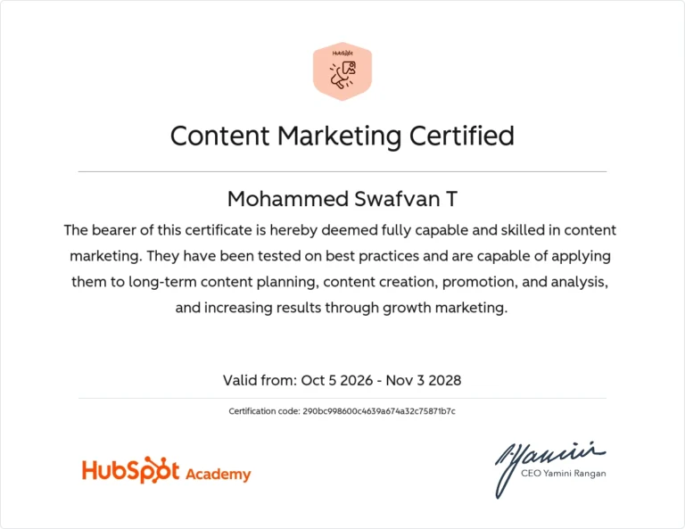 HubSpot Academy Content Marketing Certified certificate awarded to Mohammed Swafvan T, recognizing skills in content planning, content creation, promotion, analysis, and growth marketing.