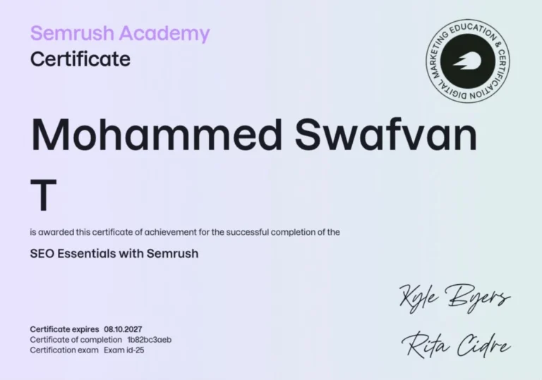 Semrush Academy certificate awarded to Mohammed Swafvan T for successfully completing the “SEO Essentials with Semrush” course, with certificate expiry date of October 8, 2027.