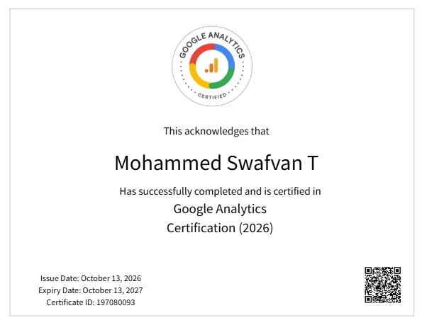 Google Analytics Certification (2026) certificate awarded to Mohammed Swafvan T for successfully completing the Google Analytics certification